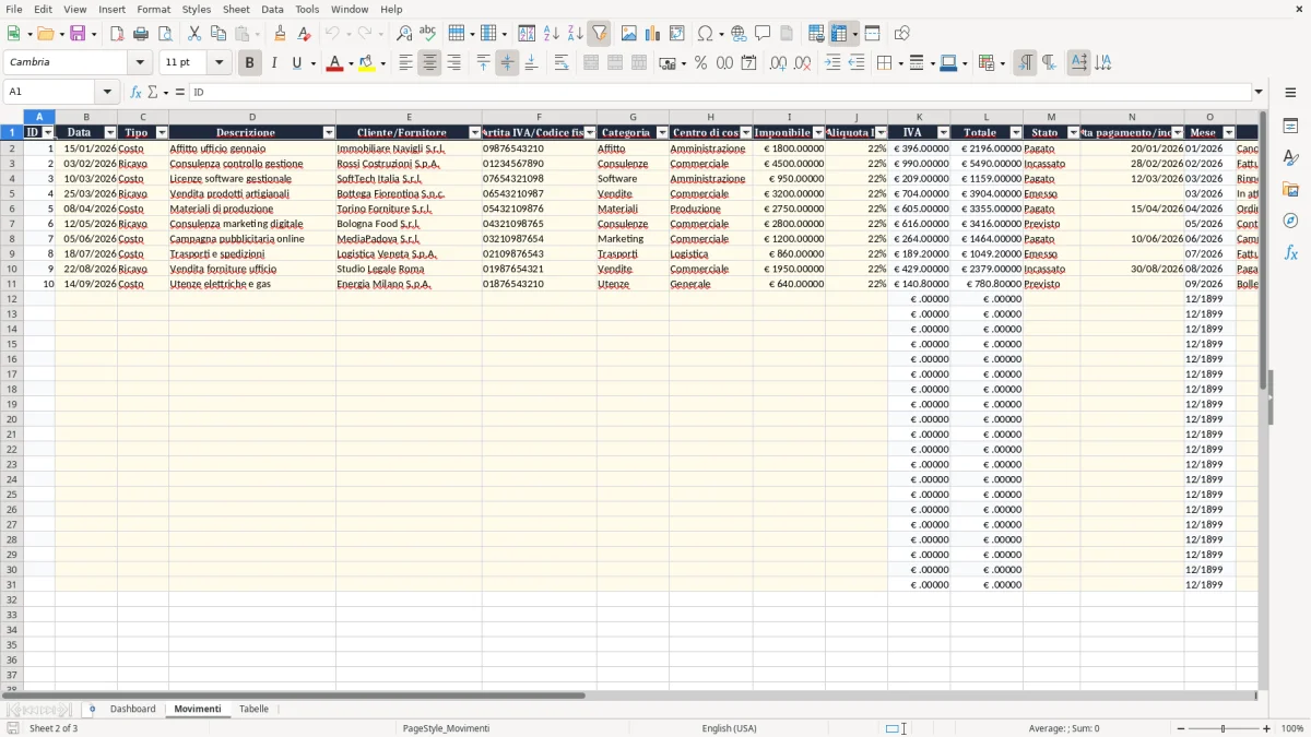 Anteprima del modello Excel Controllo gestione Excel — foglio Movimenti (immagine 2)