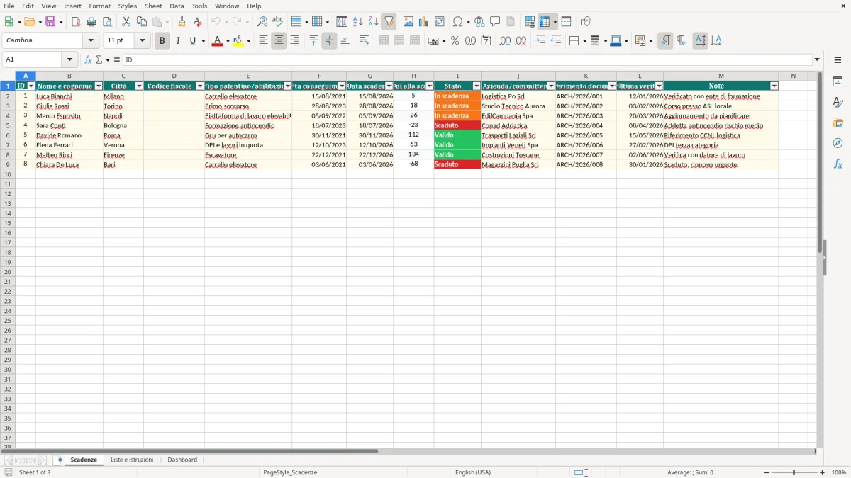 Anteprima del modello Excel Controllo scadenze patentini Excel — foglio Scadenze (immagine 1)