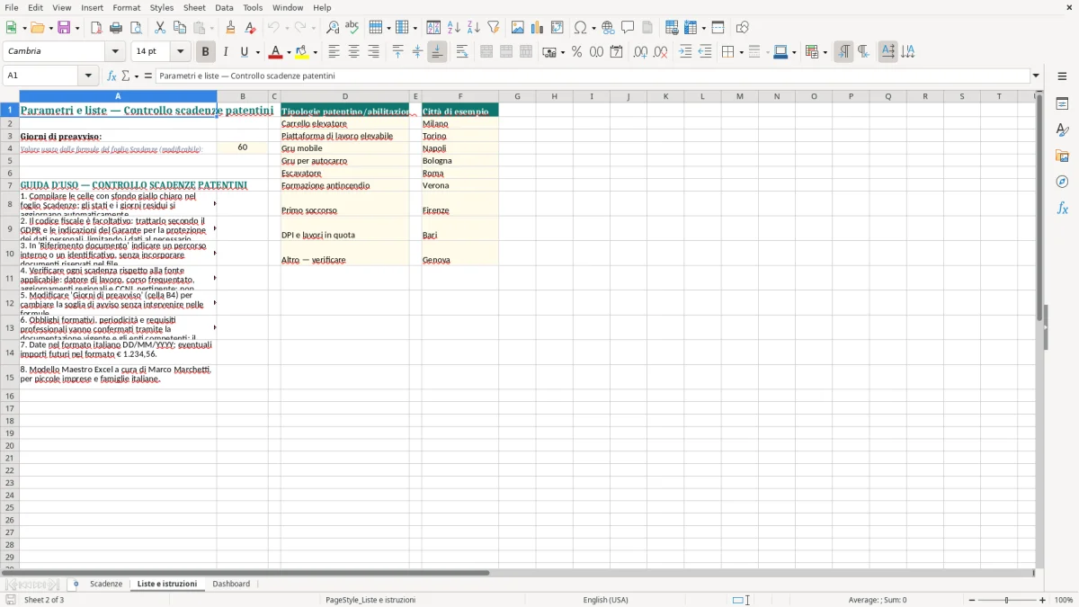 Anteprima del modello Excel Controllo scadenze patentini Excel — foglio Liste e istruzioni (immagine 2)