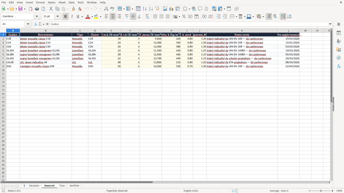Anteprima del modello Excel Dimensionamento Travi in Legno Excel — foglio Materiali (immagine 2)