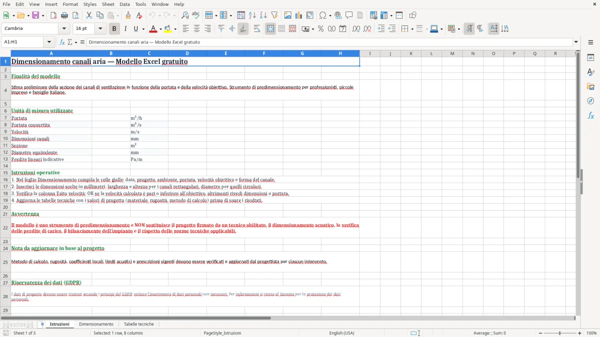 Anteprima del modello Excel Dimensionamento canali aria Excel: scaricalo gratis — foglio Istruzioni (immagine 1)