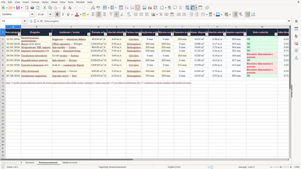 Anteprima del modello Excel Dimensionamento canali aria Excel: scaricalo gratis — foglio Dimensionamento (immagine 2)