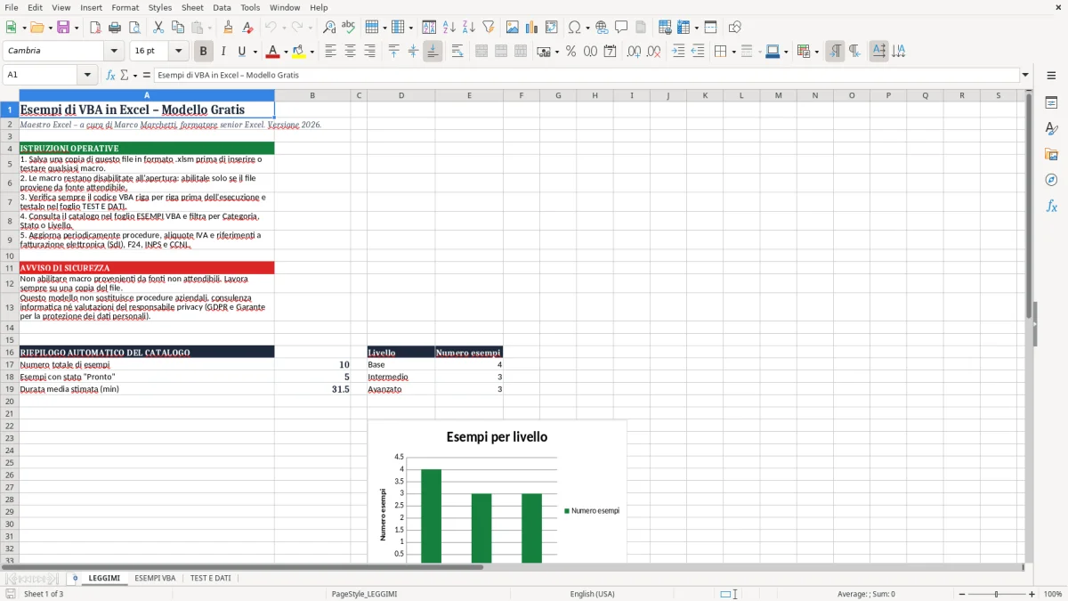 Anteprima del modello Excel Esempi di VBA in Excel: Modello Gratis — foglio LEGGIMI (immagine 1)