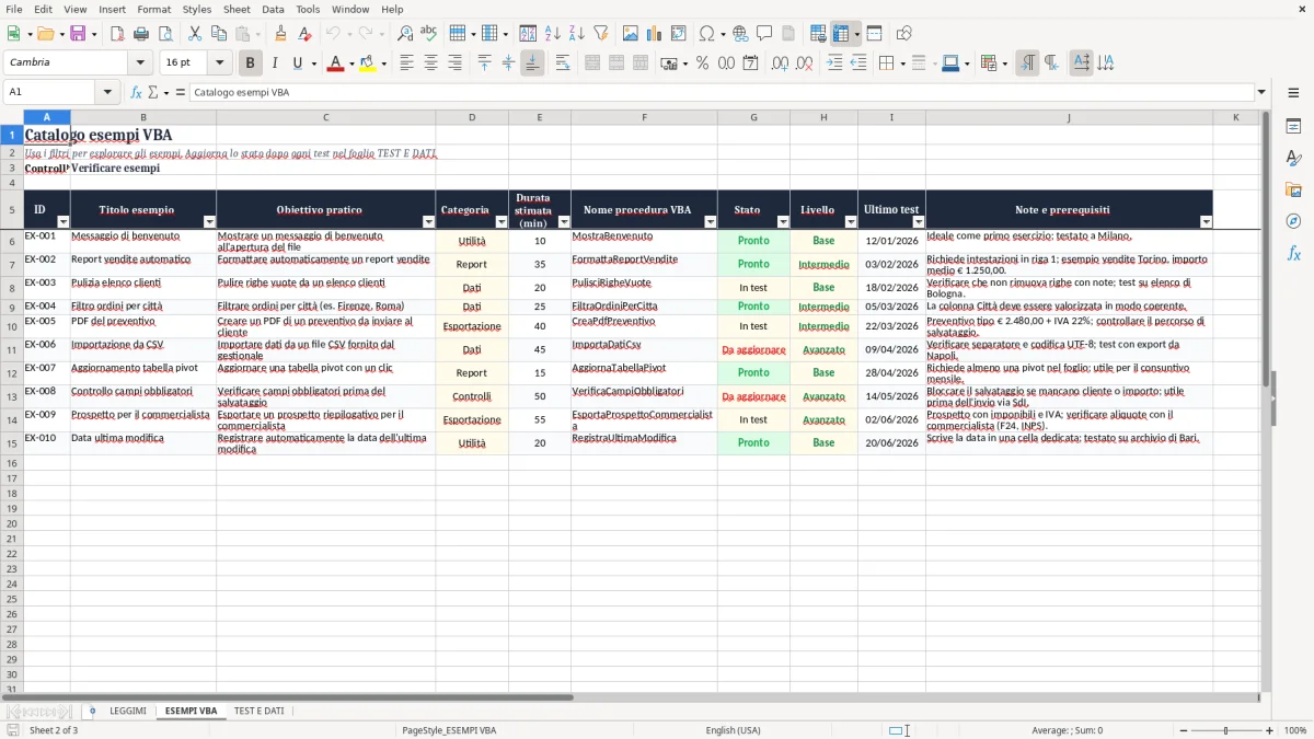 Anteprima del modello Excel Esempi di VBA in Excel: Modello Gratis — foglio ESEMPI VBA (immagine 2)