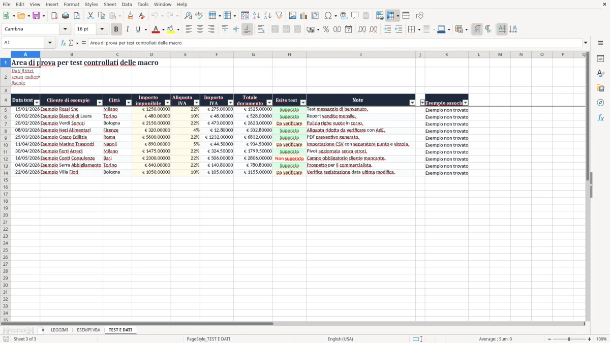 Anteprima del modello Excel Esempi di VBA in Excel: Modello Gratis — foglio TEST E DATI (immagine 3)