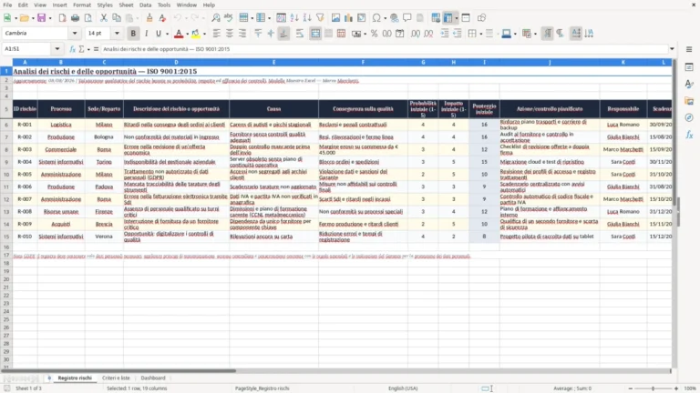 Anteprima di Analisi dei rischi ISO 9001:2015 in Excel
