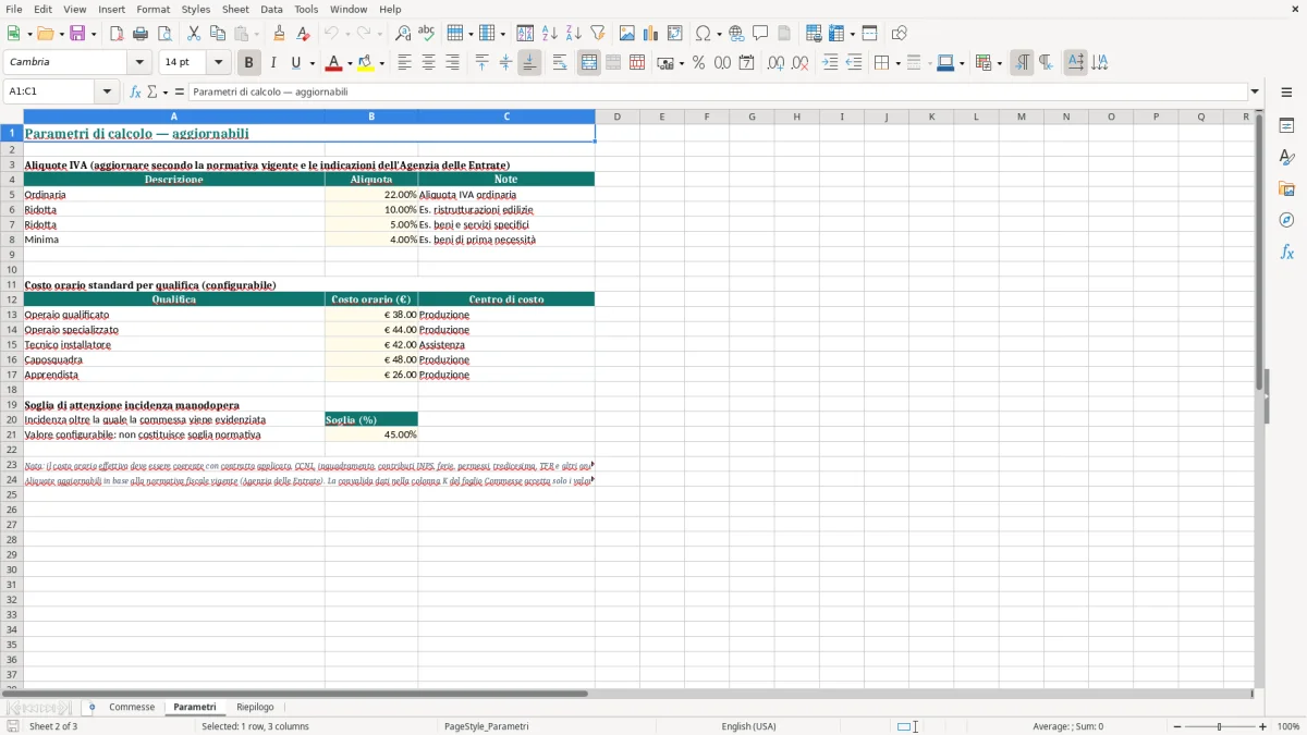 Anteprima del modello Excel Esempio calcolo incidenza manodopera Excel — foglio Parametri (immagine 2)