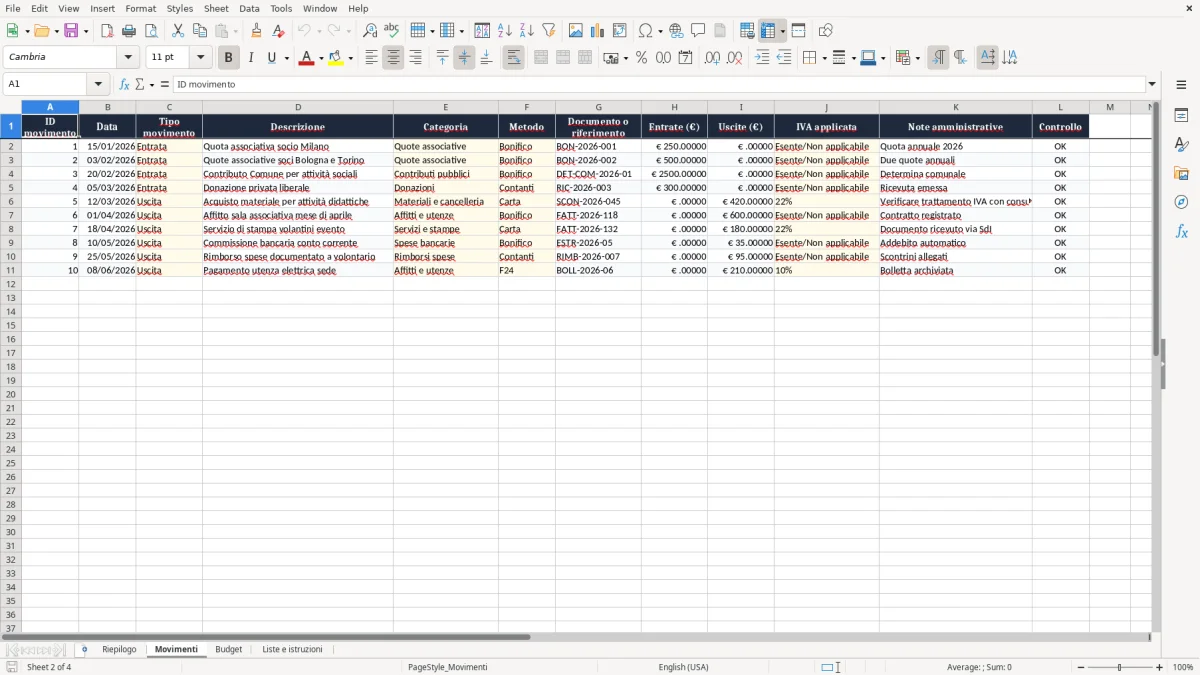 Anteprima del modello Excel Esempio di bilancio per associazione senza scopo di lucro in Excel — foglio Movimenti (immagine 2)