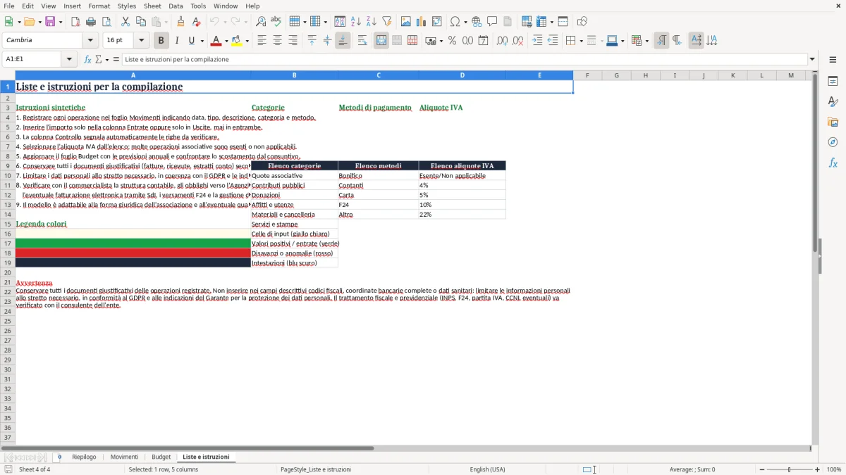 Anteprima del modello Excel Esempio di bilancio per associazione senza scopo di lucro in Excel — foglio Liste e istruzioni (immagine 4)