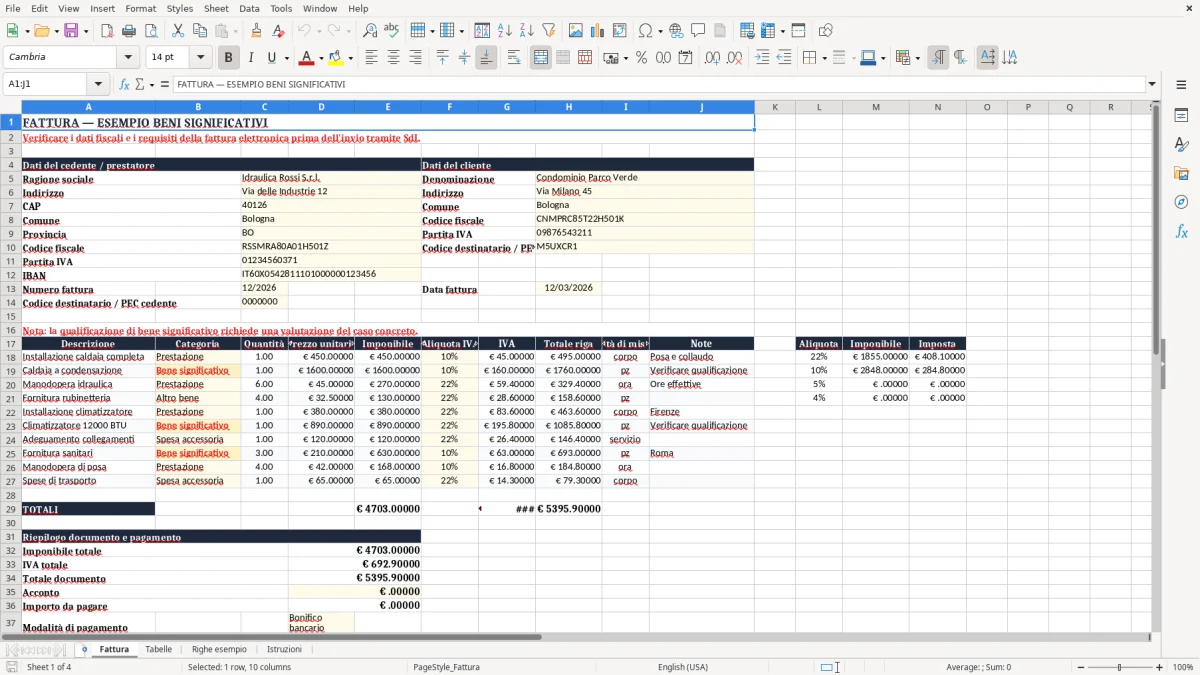 Anteprima del modello Excel Esempio fattura beni significativi Excel — foglio Fattura (immagine 1)