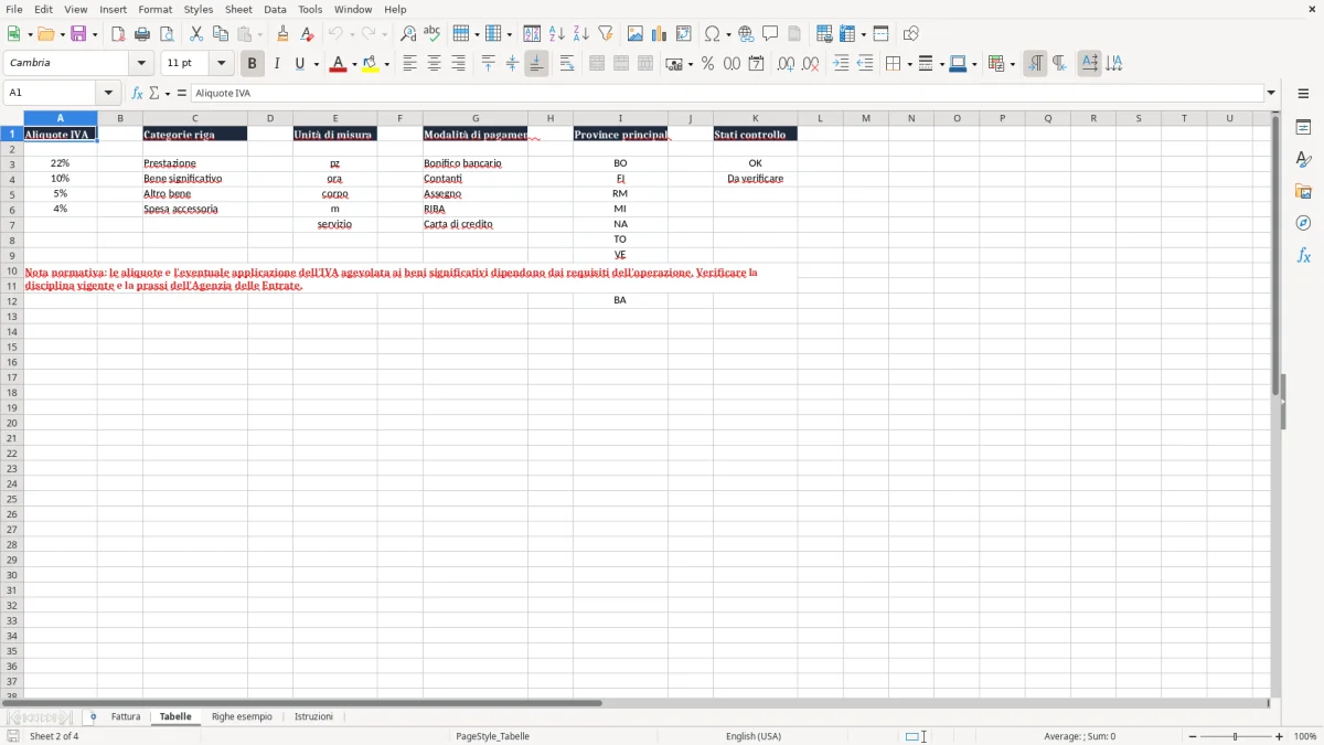 Anteprima del modello Excel Esempio fattura beni significativi Excel — foglio Tabelle (immagine 2)