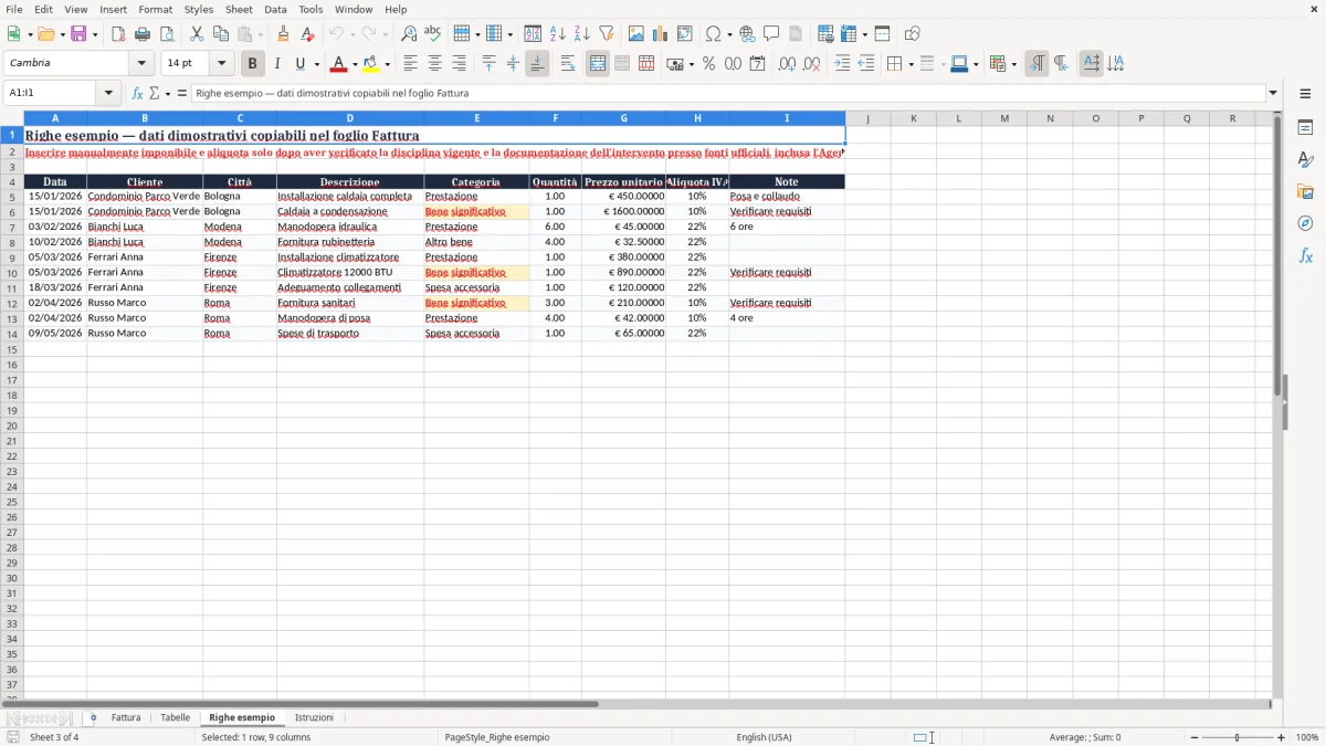 Anteprima del modello Excel Esempio fattura beni significativi Excel — foglio Righe esempio (immagine 3)