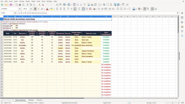 Anteprima di Diario della pressione arteriosa in Excel e PDF da stampare