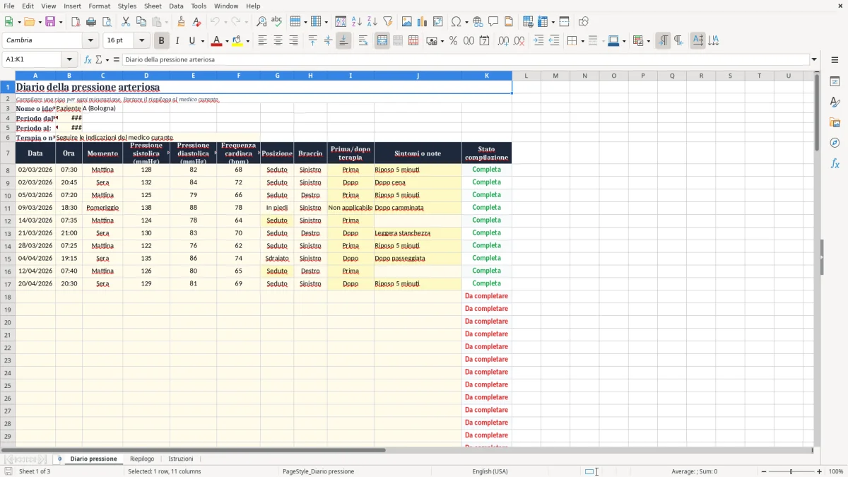 Anteprima del modello Excel Excel PDF diario pressione arteriosa da stampare — foglio Diario pressione (immagine 1)