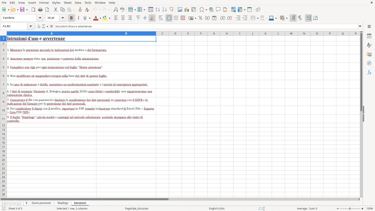 Anteprima del modello Excel Excel PDF diario pressione arteriosa da stampare — foglio Istruzioni (immagine 3)