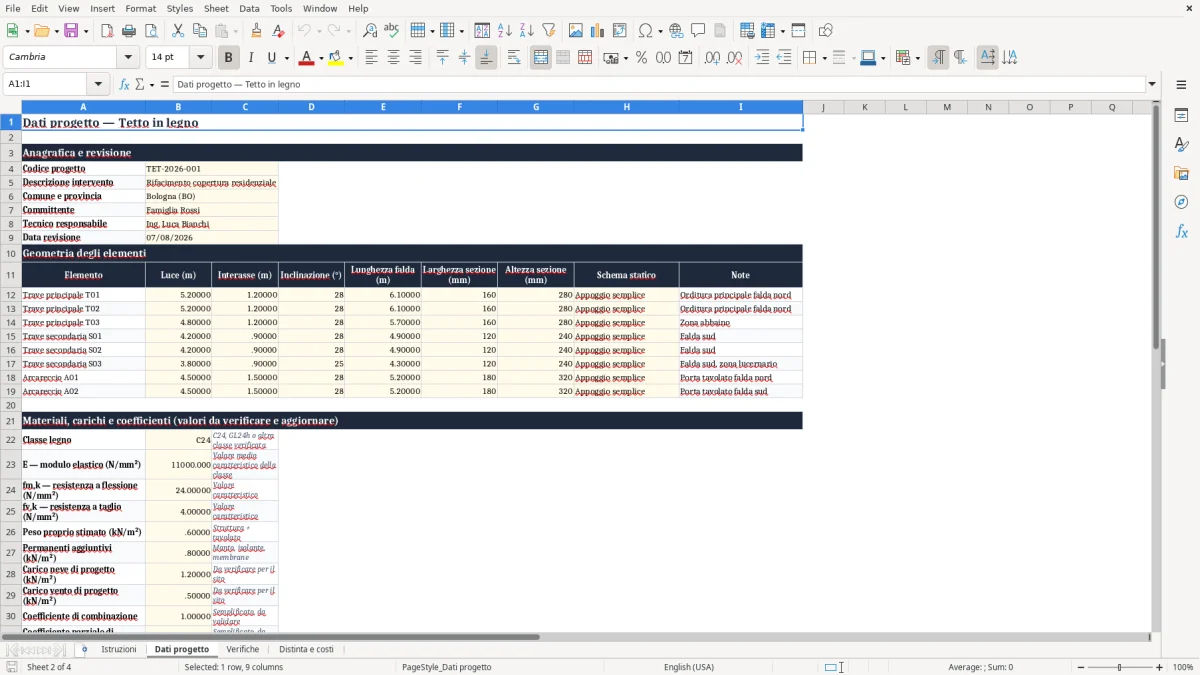 Anteprima del modello Excel Excel calcolo tetto in legno — foglio Dati progetto (immagine 2)