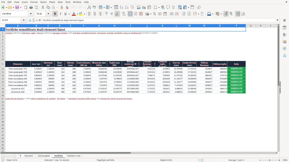 Anteprima del modello Excel Excel calcolo tetto in legno — foglio Verifiche (immagine 3)