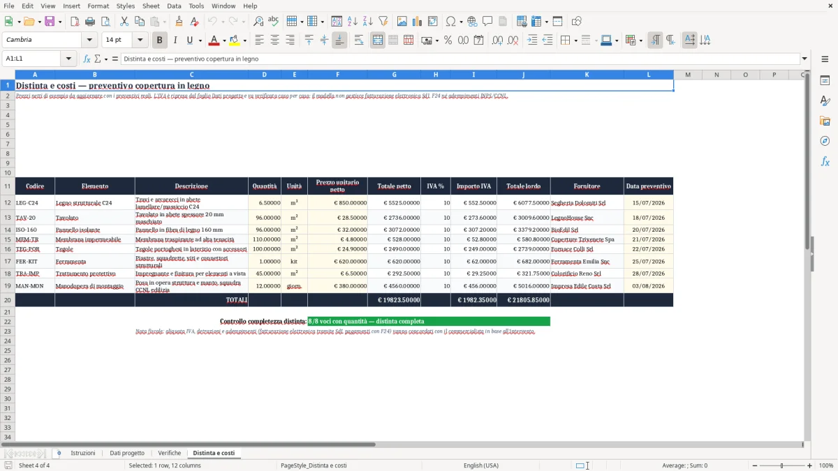 Anteprima del modello Excel Excel calcolo tetto in legno — foglio Distinta e costi (immagine 4)