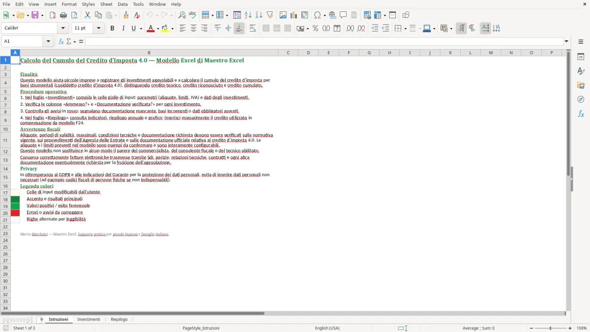 Anteprima del modello Excel Excel per il Calcolo del Cumulo del Credito d’Imposta 4.0 — foglio Istruzioni (immagine 1)