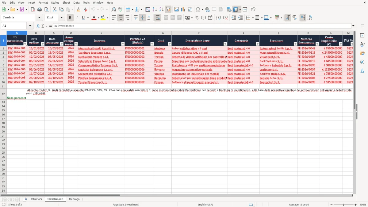 Anteprima del modello Excel Excel per il Calcolo del Cumulo del Credito d’Imposta 4.0 — foglio Investimenti (immagine 2)