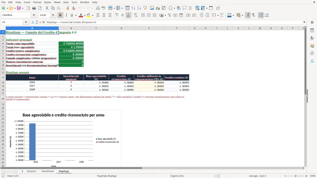 Anteprima del modello Excel Excel per il Calcolo del Cumulo del Credito d’Imposta 4.0 — foglio Riepilogo (immagine 3)