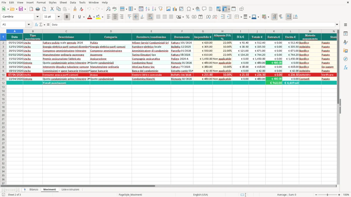 Anteprima del modello Excel Fac simile bilancio condominio Excel gratis — foglio Movimenti (immagine 2)