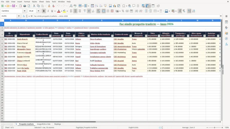 Anteprima di Prospetto delle trasferte aziendali in Excel