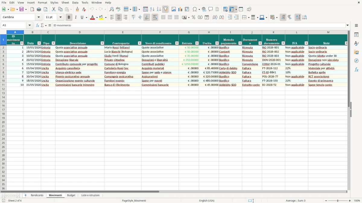 Anteprima del modello Excel Foglio Excel Fac Simile di Rendiconto per Associazione — foglio Movimenti (immagine 2)