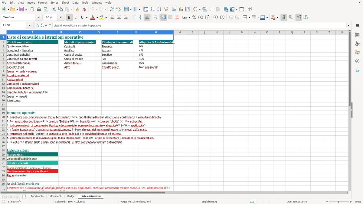 Anteprima del modello Excel Foglio Excel Fac Simile di Rendiconto per Associazione — foglio Liste e istruzioni (immagine 4)