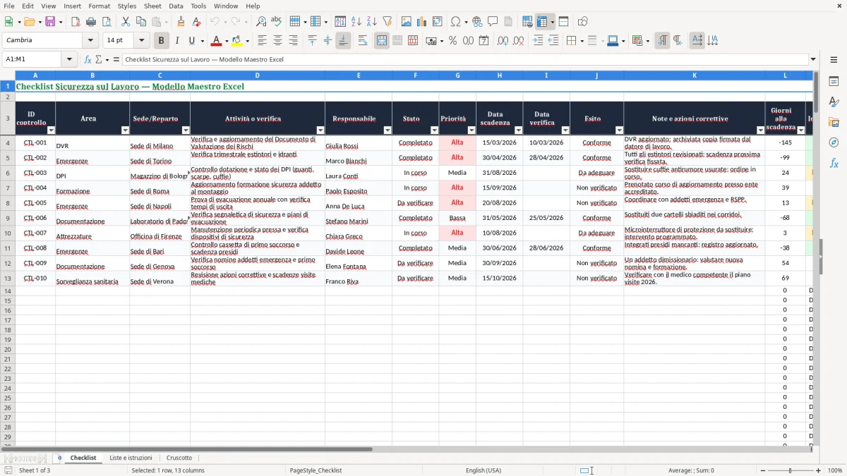 Anteprima del modello Excel Foglio Excel Gratis: Checklist Sicurezza sul Lavoro Italia — foglio Checklist (immagine 1)