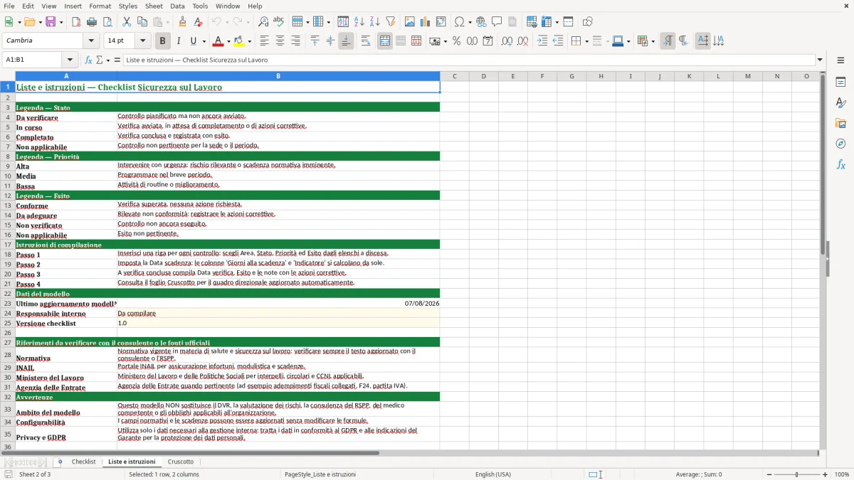 Anteprima del modello Excel Foglio Excel Gratis: Checklist Sicurezza sul Lavoro Italia — foglio Liste e istruzioni (immagine 2)