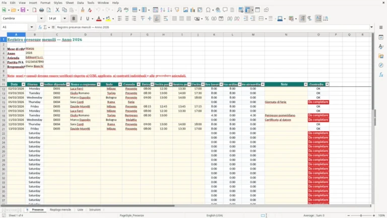 Anteprima di Foglio Excel per le presenze mensili e il calcolo delle ore