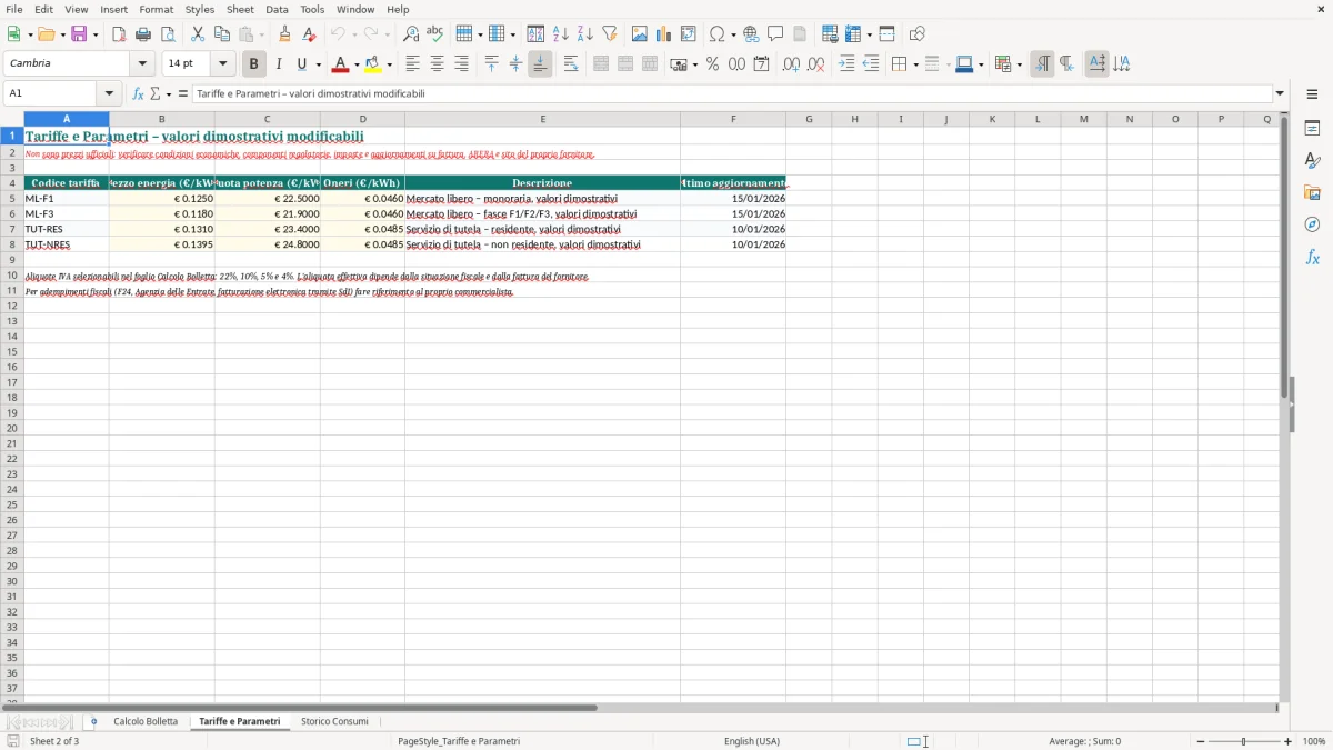 Anteprima del modello Excel Foglio Excel Gratuito per il Calcolo Bolletta Luce — foglio Tariffe e Parametri (immagine 2)