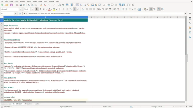 Anteprima di Calcolo dei costi di produzione in Excel