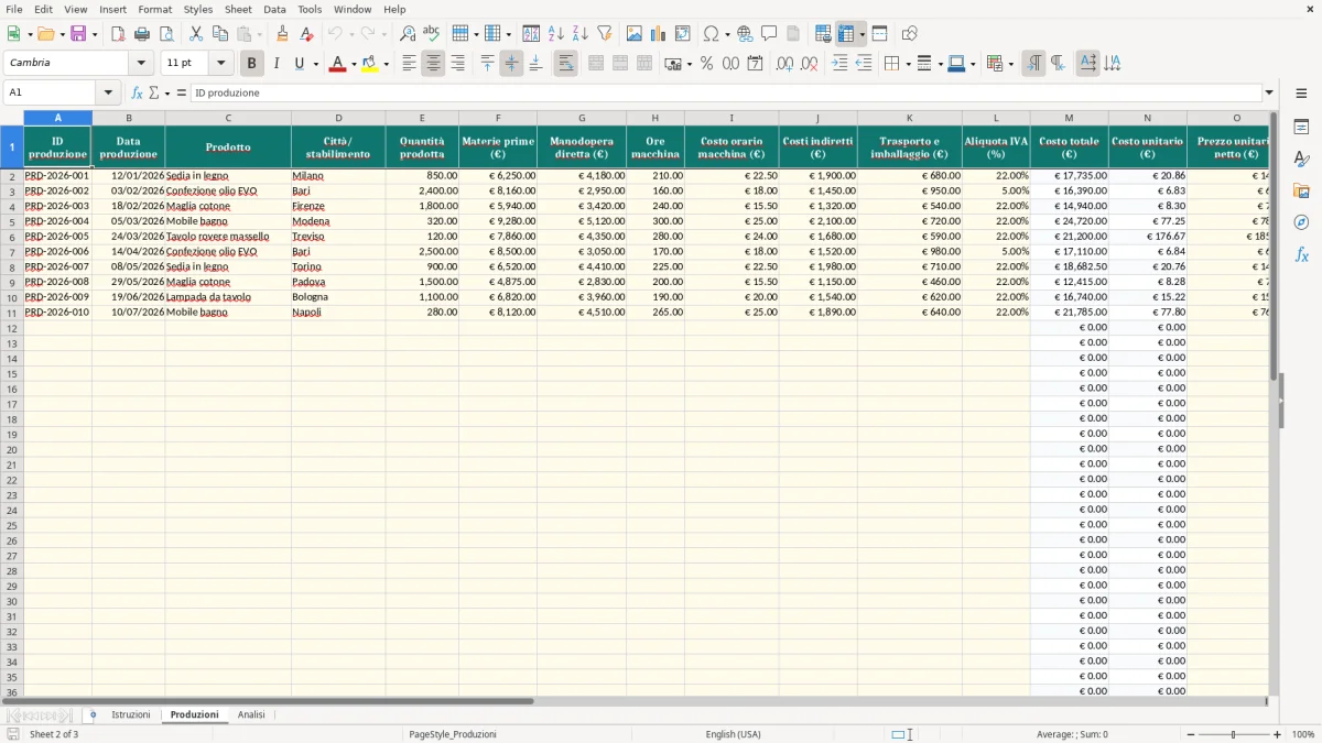 Anteprima del modello Excel Foglio Excel Gratuito per il Calcolo dei Costi di Produzione — foglio Produzioni (immagine 2)