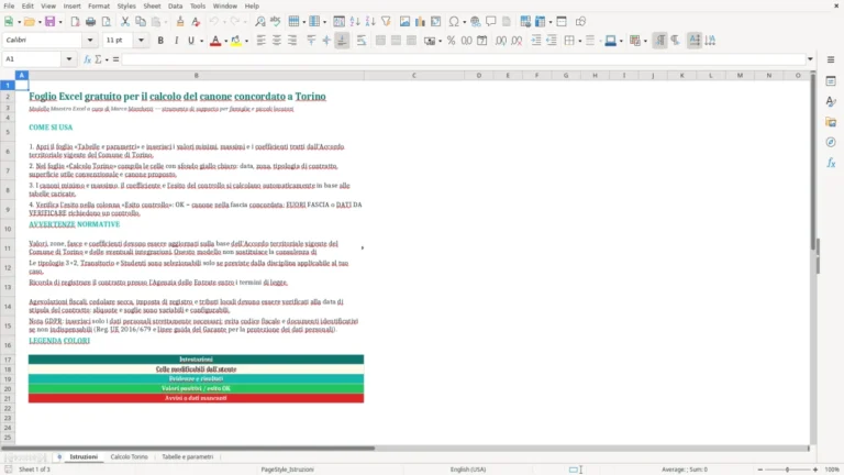 Anteprima di Calcolo del canone concordato a Torino in Excel