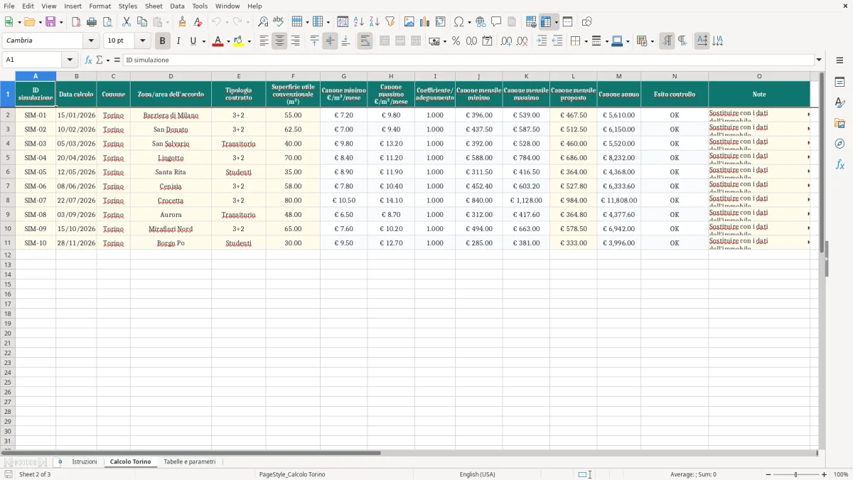 Anteprima del modello Excel Foglio Excel Gratuito per il Calcolo del Canone Concordato a Torino — foglio Calcolo Torino (immagine 2)