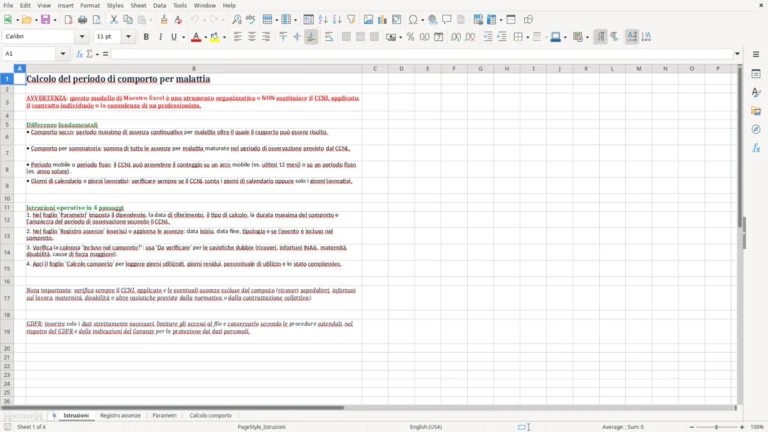 Anteprima di Calcolo del periodo di comporto per malattia in Excel