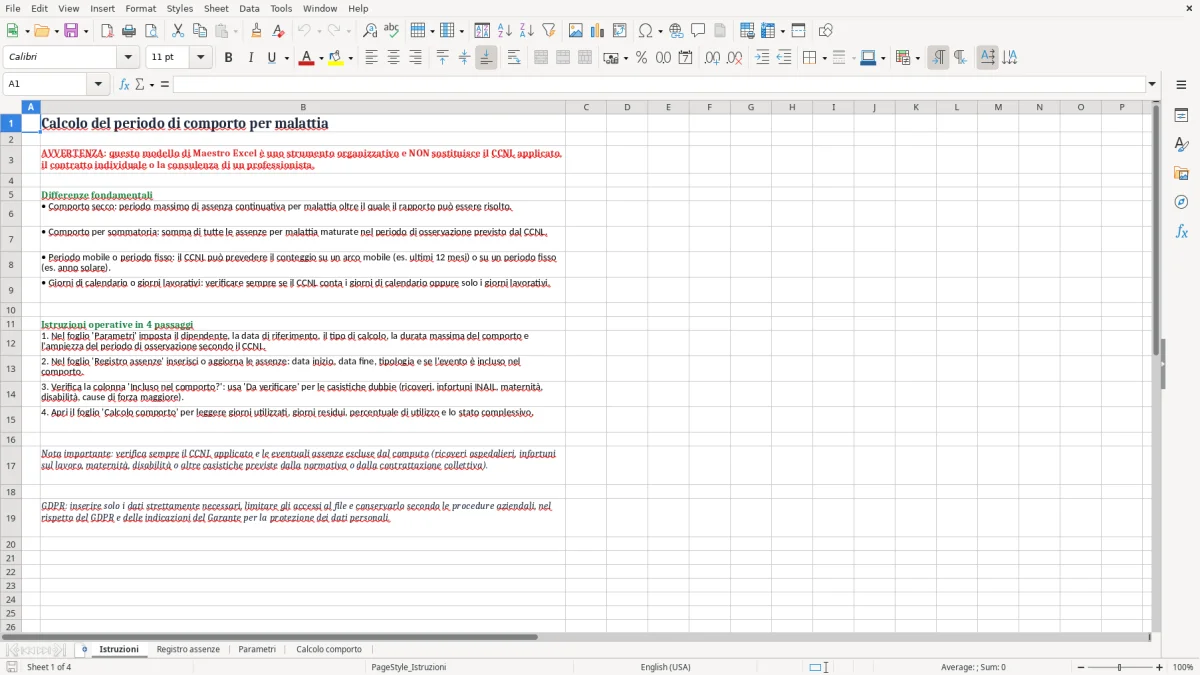 Anteprima del modello Excel Foglio Excel Gratuito per il Calcolo del Periodo di Comporto per Malattia — foglio Istruzioni (immagine 1)