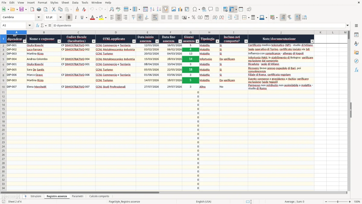 Anteprima del modello Excel Foglio Excel Gratuito per il Calcolo del Periodo di Comporto per Malattia — foglio Registro assenze (immagine 2)