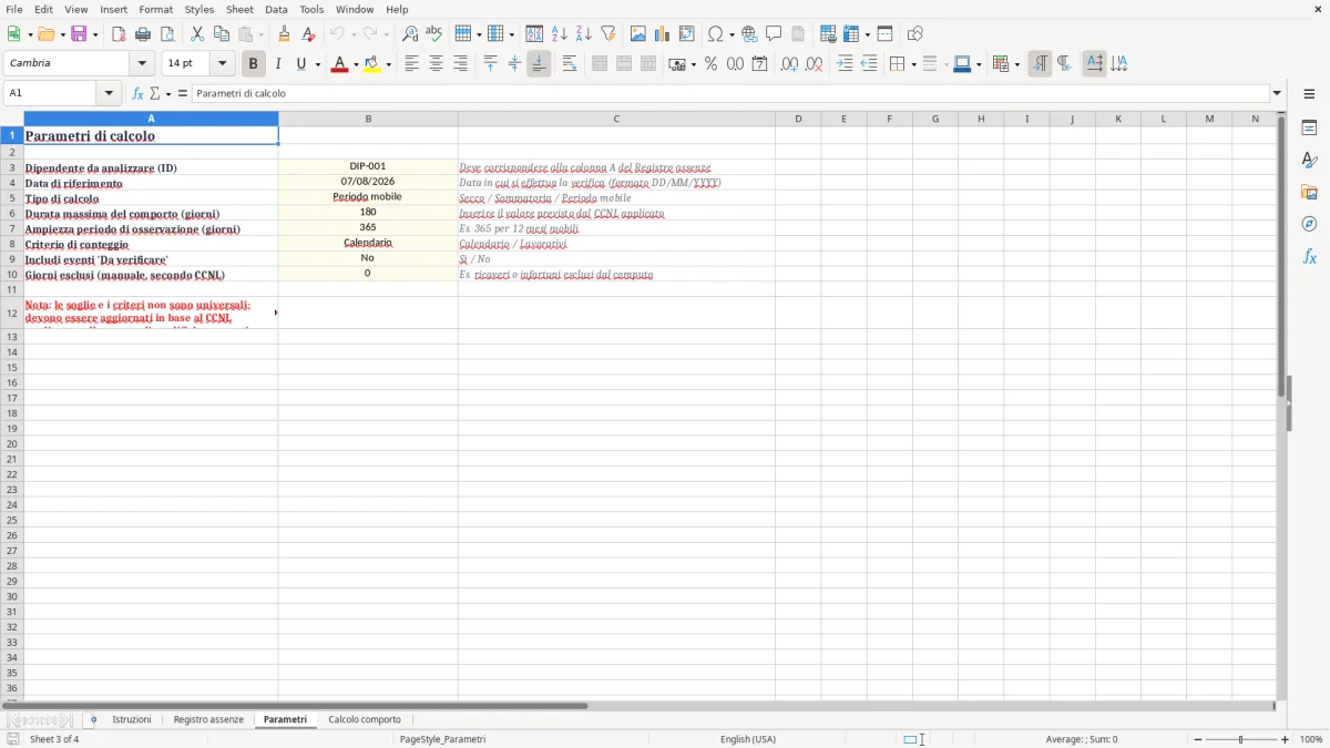 Anteprima del modello Excel Foglio Excel Gratuito per il Calcolo del Periodo di Comporto per Malattia — foglio Parametri (immagine 3)