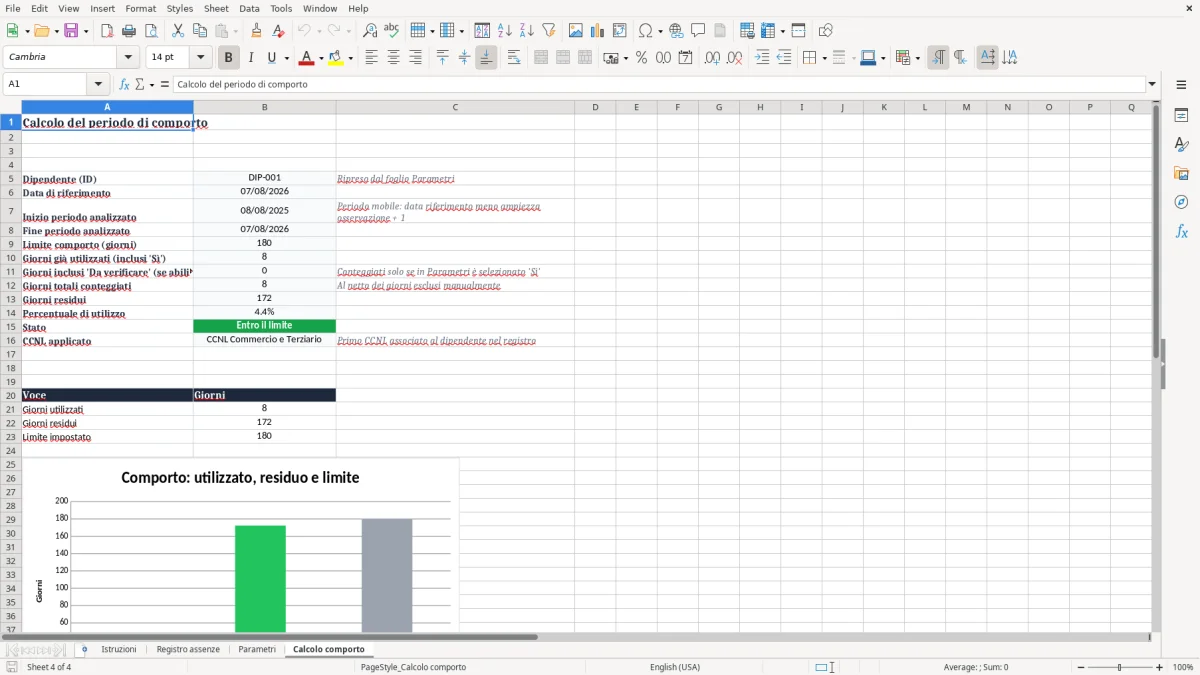 Anteprima del modello Excel Foglio Excel Gratuito per il Calcolo del Periodo di Comporto per Malattia — foglio Calcolo comporto (immagine 4)