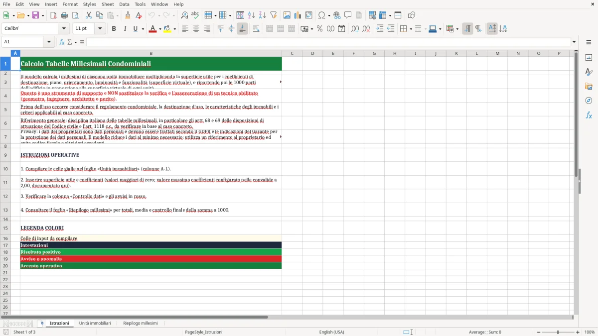 Anteprima del modello Excel Foglio Excel Gratuito per il Calcolo delle Tabelle Millesimali — foglio Istruzioni (immagine 1)