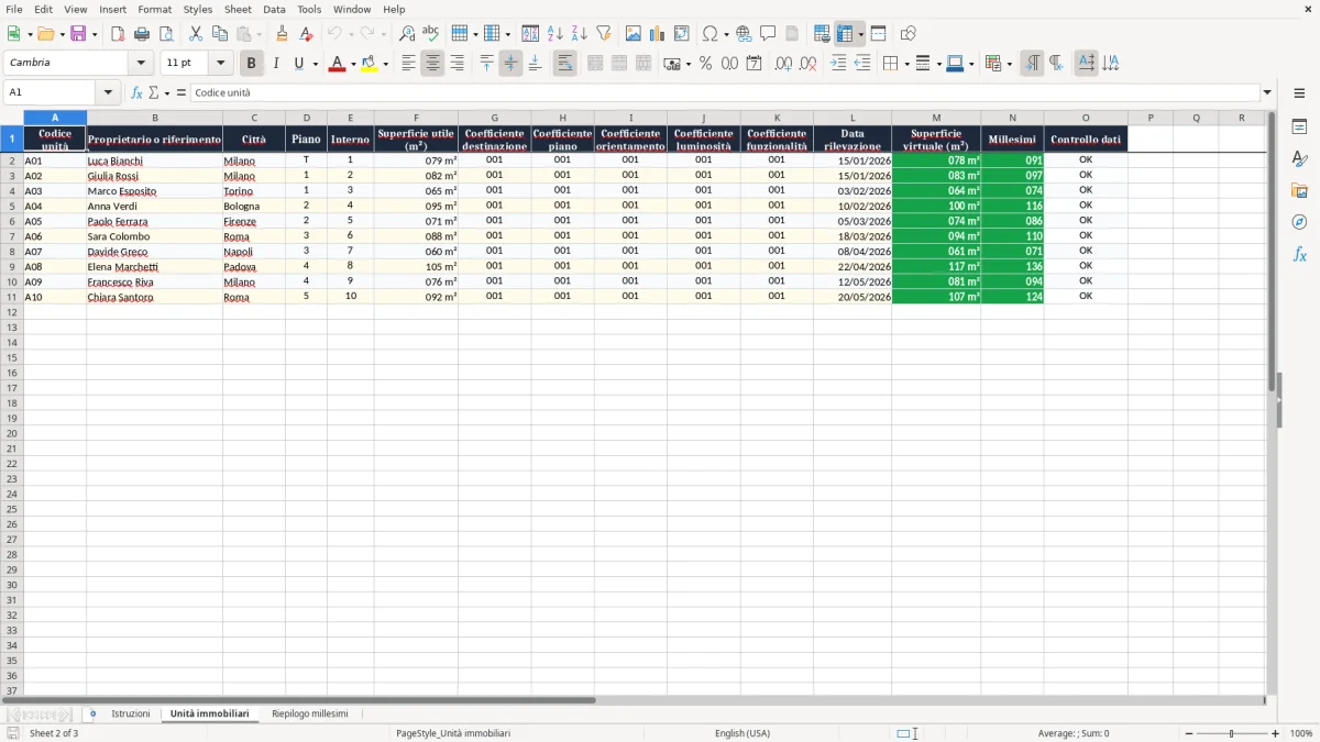 Anteprima del modello Excel Foglio Excel Gratuito per il Calcolo delle Tabelle Millesimali — foglio Unità immobiliari (immagine 2)
