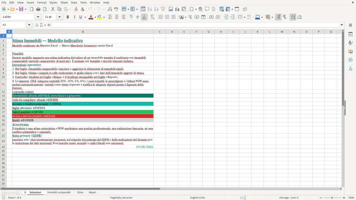 Anteprima del modello Excel Foglio Excel Stima Immobili — foglio Istruzioni (immagine 1)