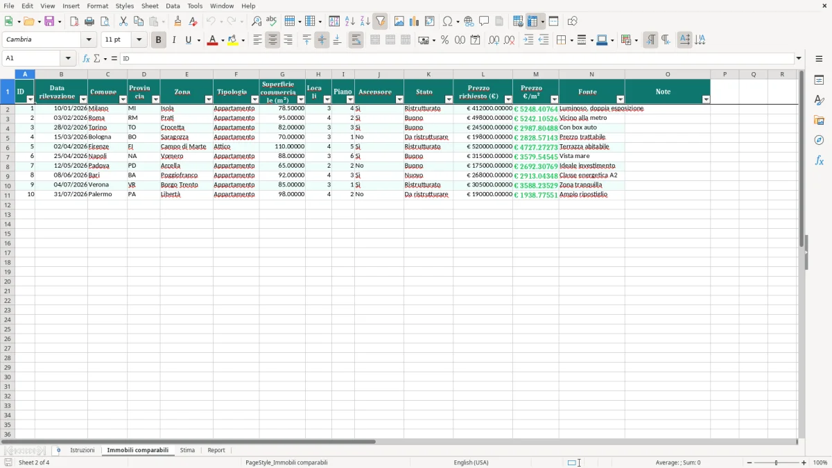 Anteprima del modello Excel Foglio Excel Stima Immobili — foglio Immobili comparabili (immagine 2)