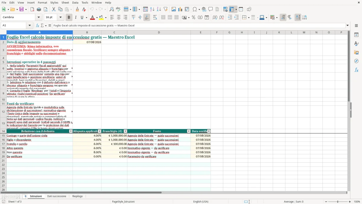 Anteprima del modello Excel Foglio Excel calcolo imposte di successione gratis — foglio Istruzioni (immagine 1)