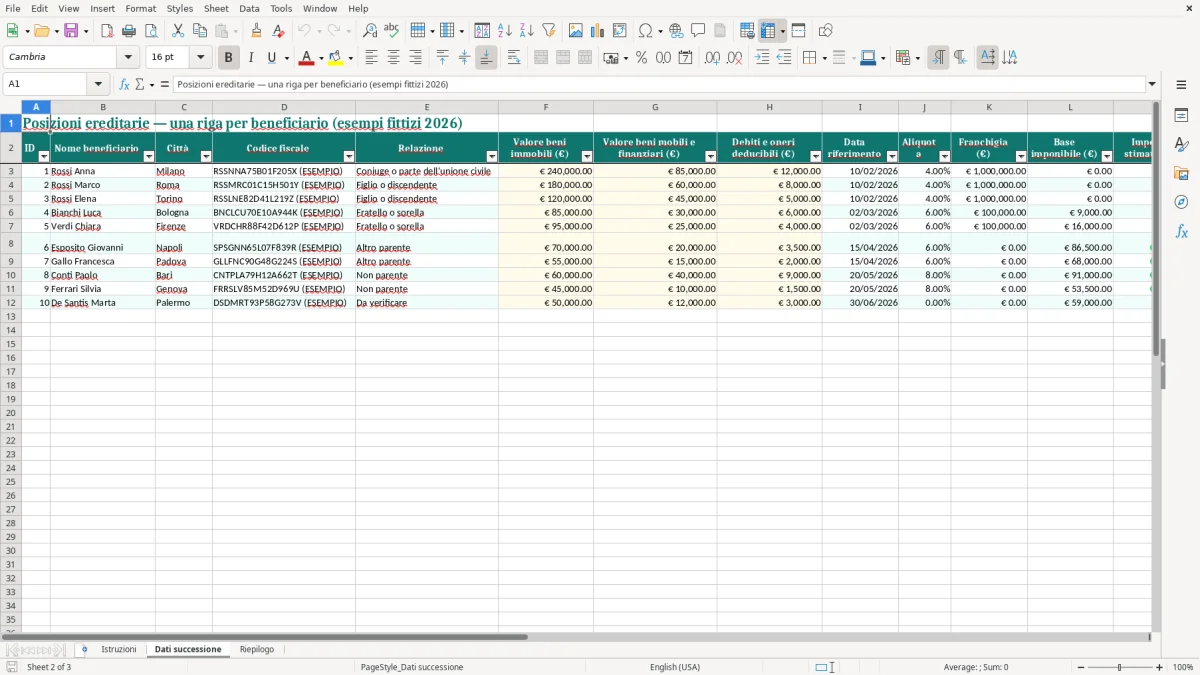 Anteprima del modello Excel Foglio Excel calcolo imposte di successione gratis — foglio Dati successione (immagine 2)