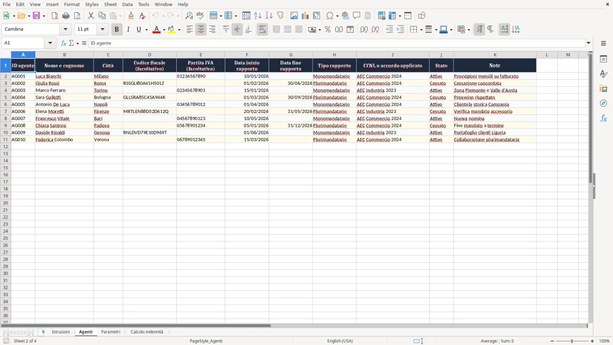 Anteprima del modello Excel Foglio Excel calcolo indennità agenti — foglio Agenti (immagine 2)