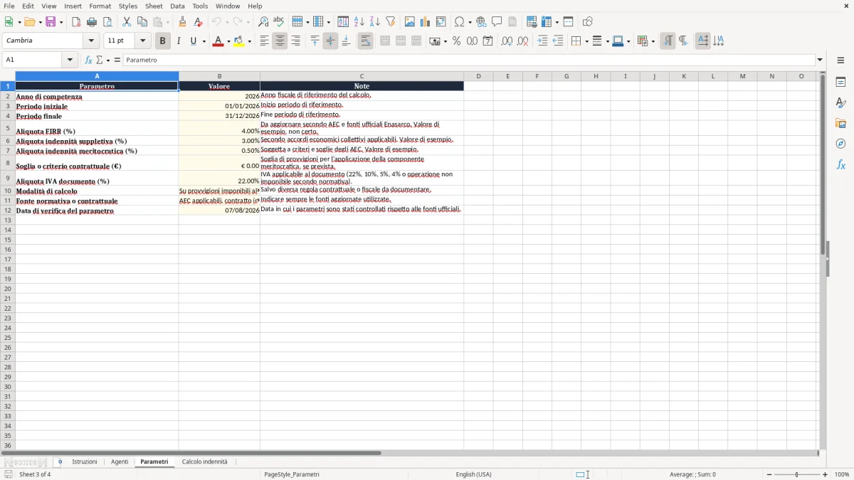 Anteprima del modello Excel Foglio Excel calcolo indennità agenti — foglio Parametri (immagine 3)